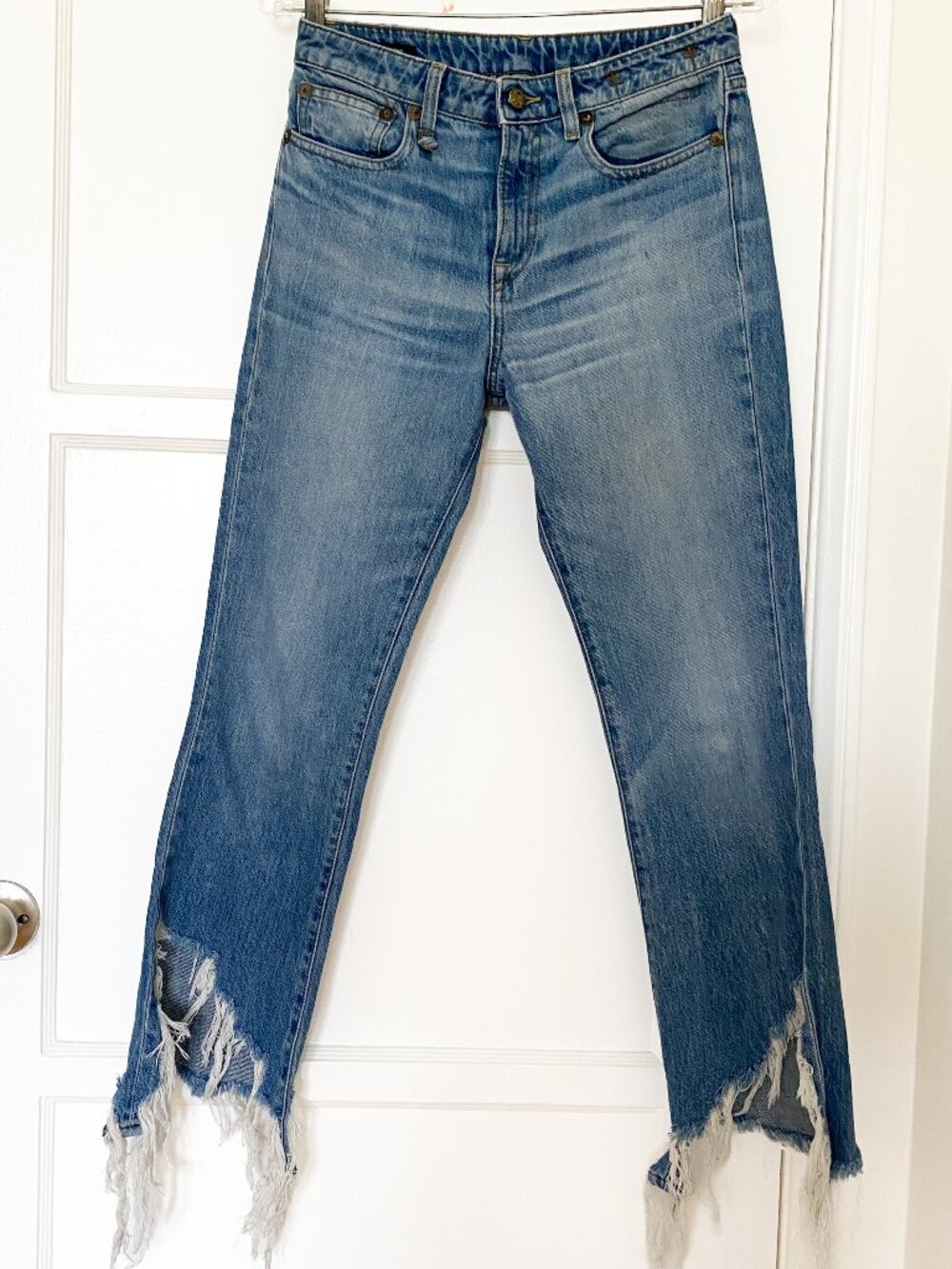 R13 Kick Fit Long Fray Jeans in Mason Blue Torn 25